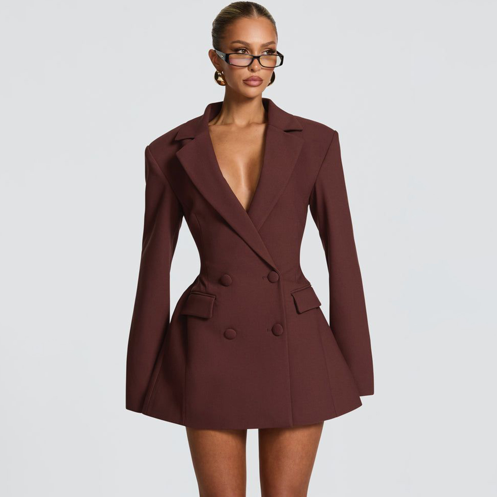 Women Formal Wear Blazers - Elegant Women's Brown Flared Blazer Dress