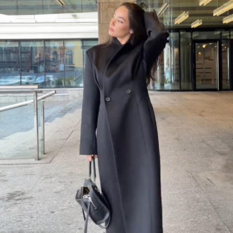 Tailored Coat Wool - Women Stand Collar Double Breasted Long
