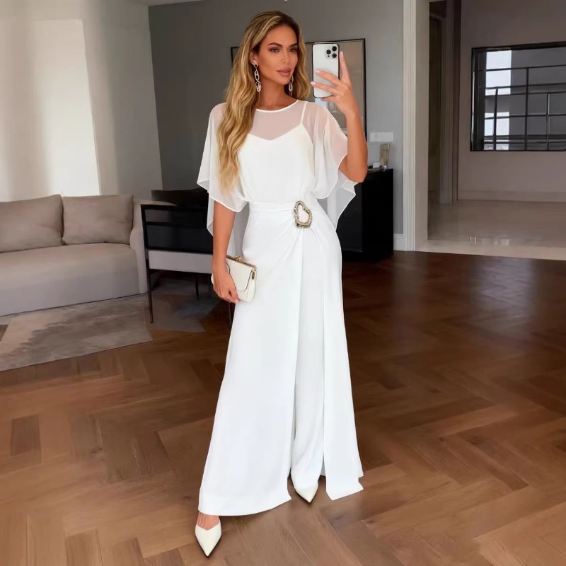 Female Formal Wear - 2026 New Women White Chiffon Jumpsuit