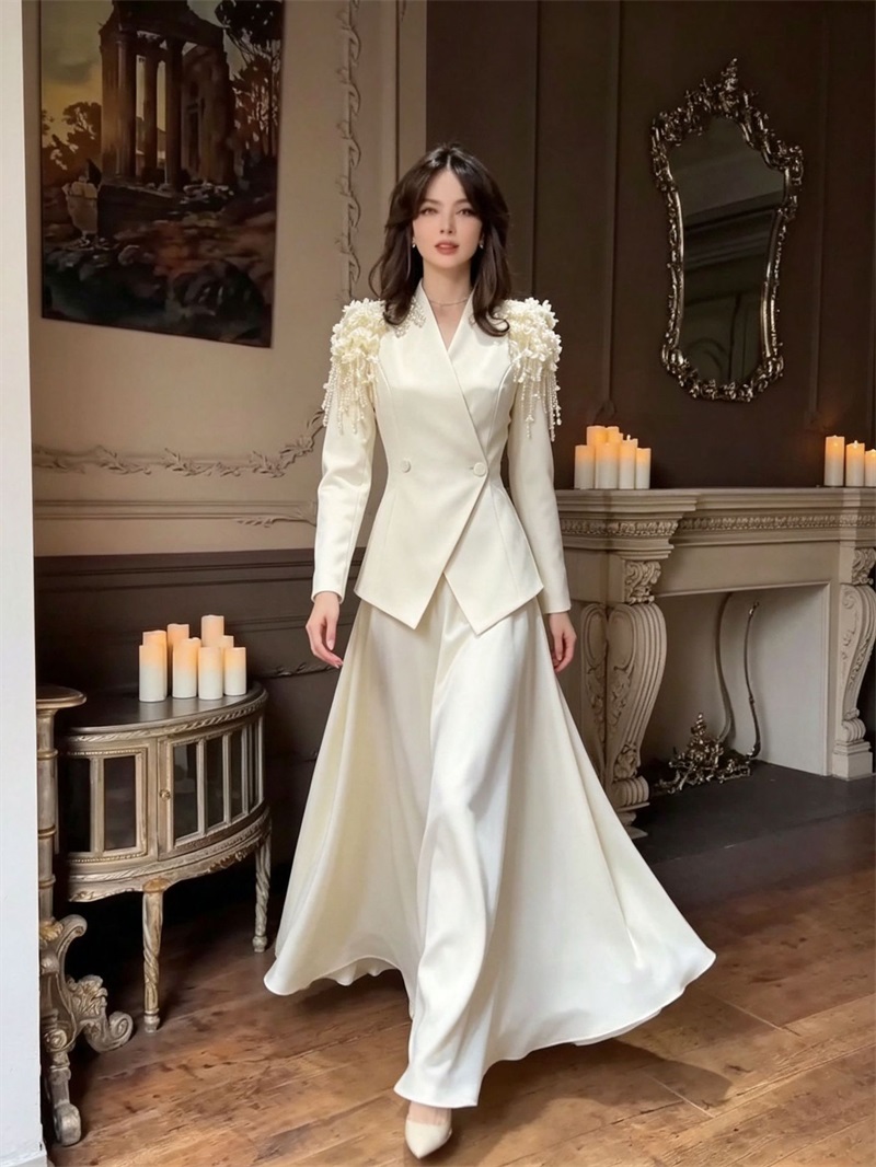 Women Formal Party Wear Dress - Beige Women Suit Skirt Set 2Pcs